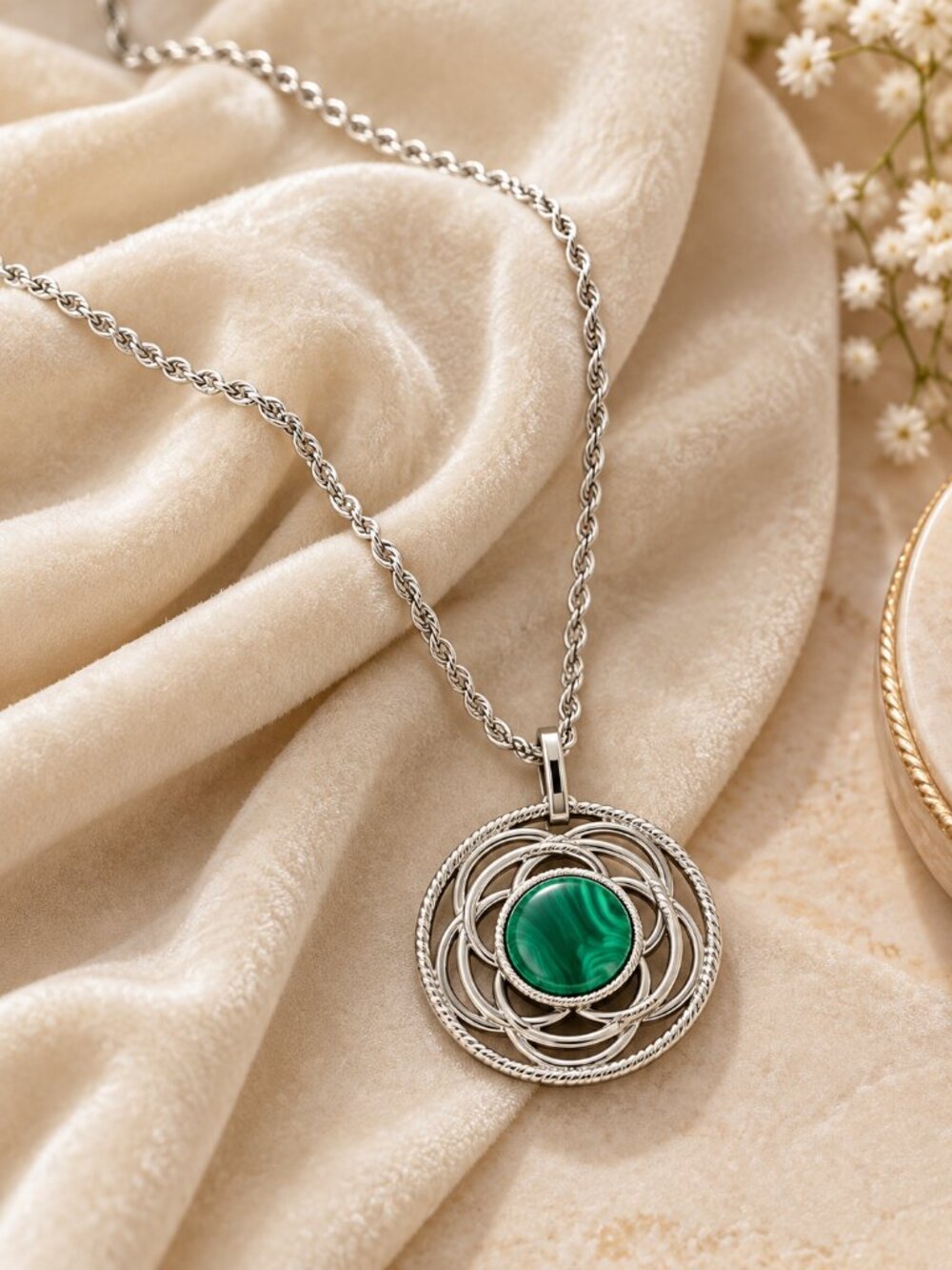 Malachite  Steel by Design  Pendant Necklace – 18” Stainless Steel Milor Italy